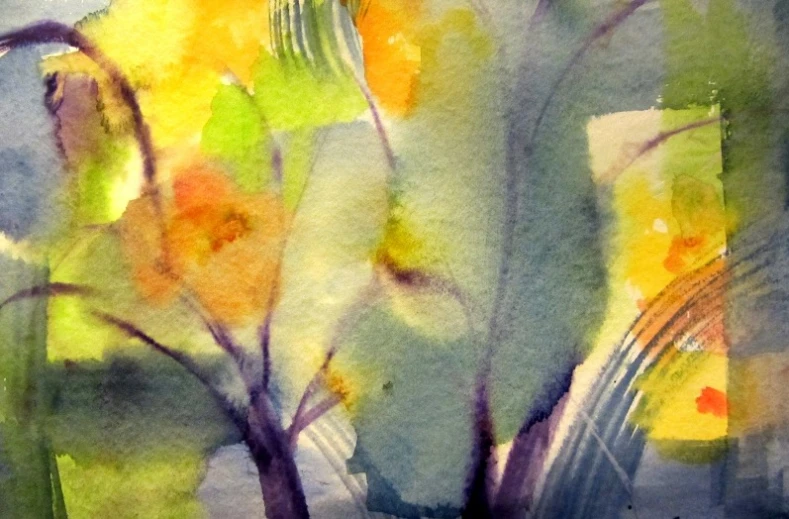 painting of tree leaves with yellow flowers