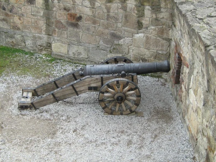 a cannon is set up in a brick wall