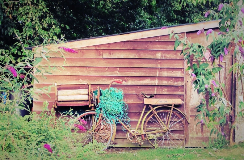 a rusty bicycle parked outside a cabin