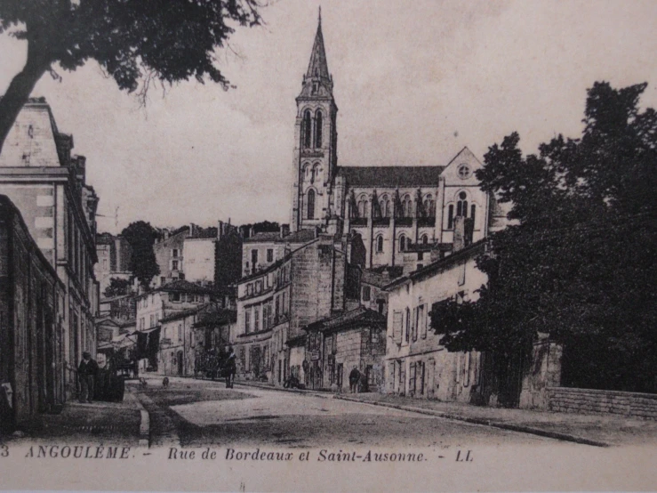 an old drawing of a town street and a church steeple