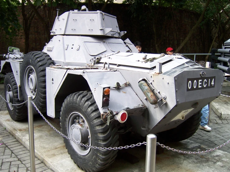 an army vehicle is being used as part of a display