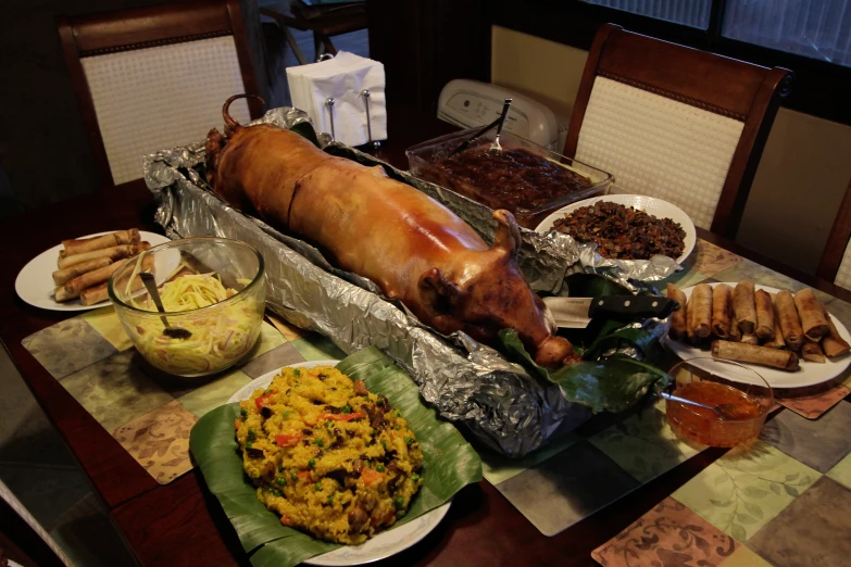 a bunch of food items are laying on a table