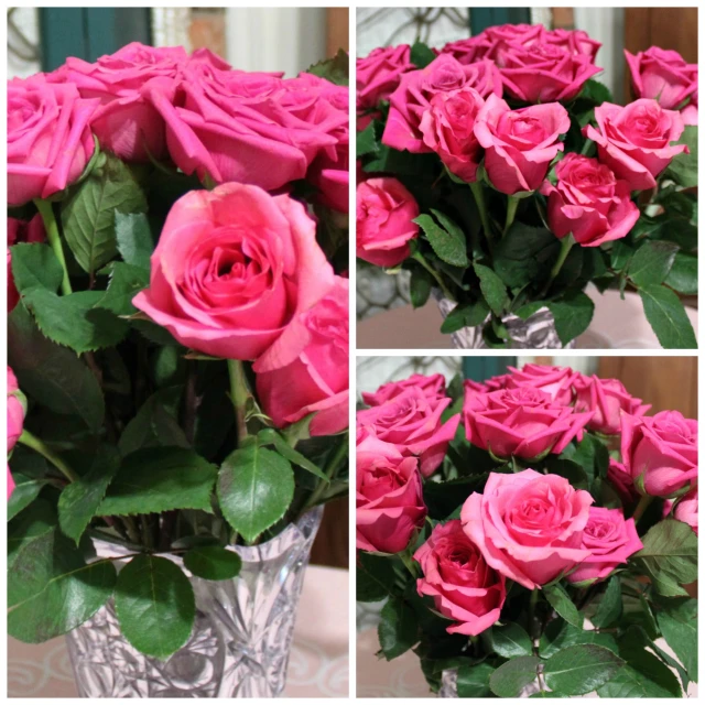 a bouquet of pink roses sits in a vase