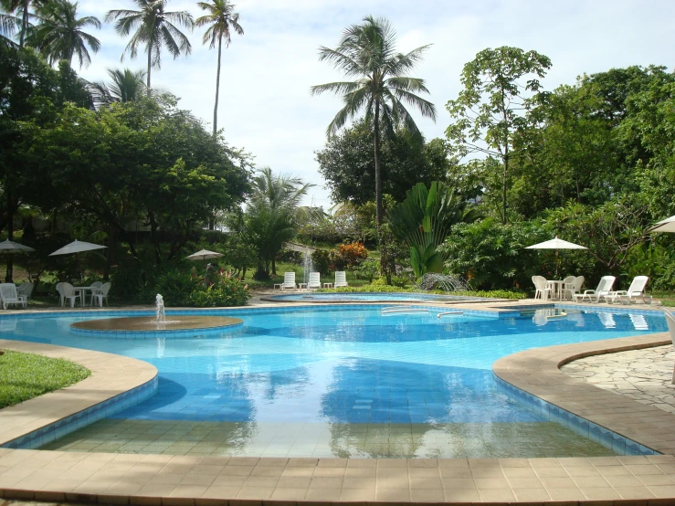 a large pool with several chairs and umbrellas in a wooded area