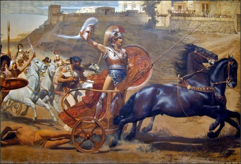 a painting of a man riding a chariot with two horses