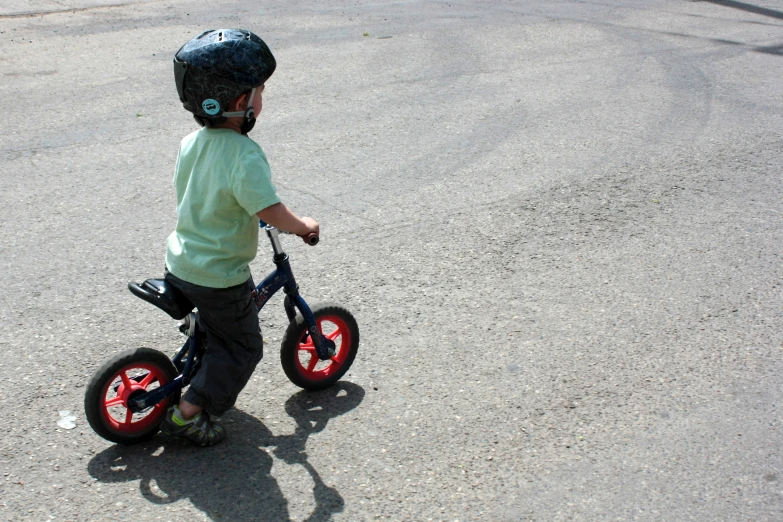 a little  riding on the back of a blue bike