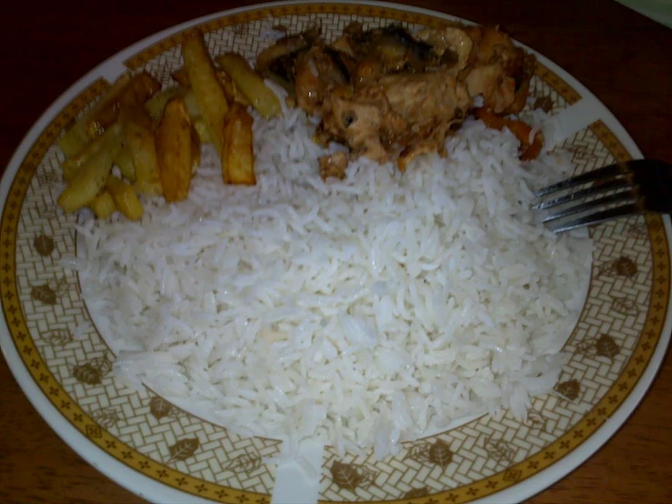 a plate full of cooked white rice and chicken