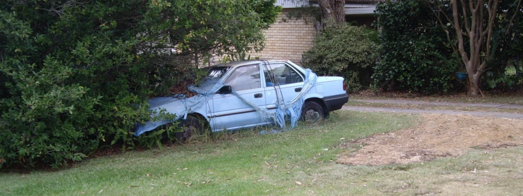 a car sitting in the grass near some bushes