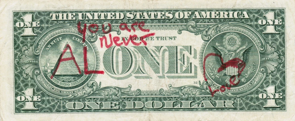 a one dollar bill with graffiti on it