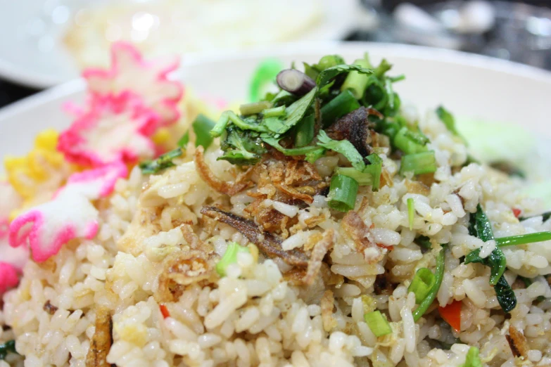 a closeup view of white rice on a plate