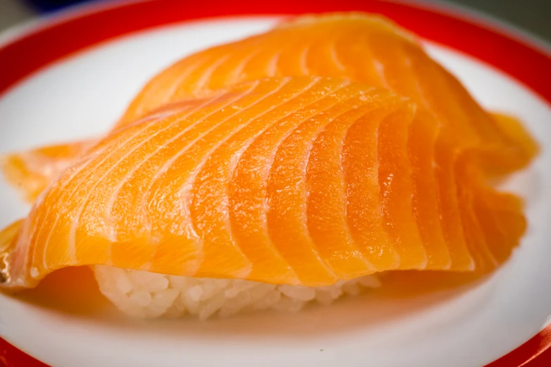 a close up of some sushi on a white plate