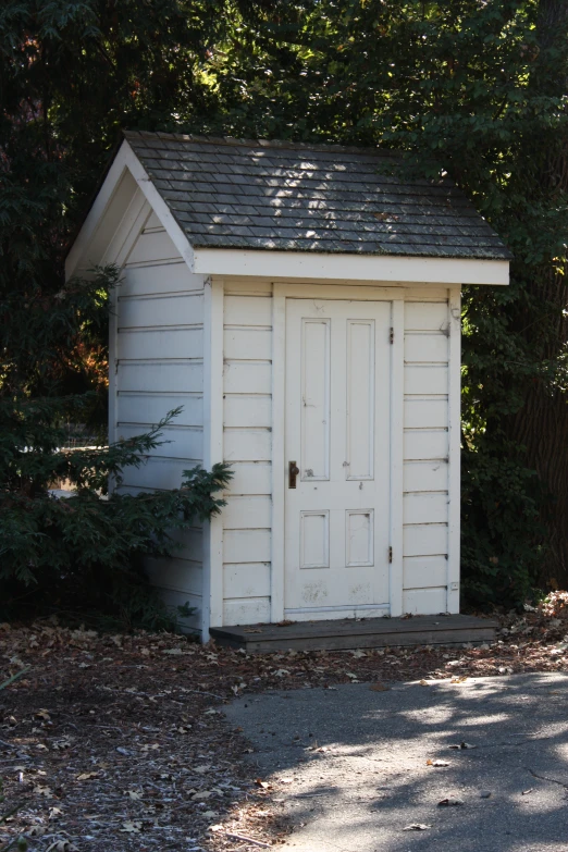 a shed is in front of some trees