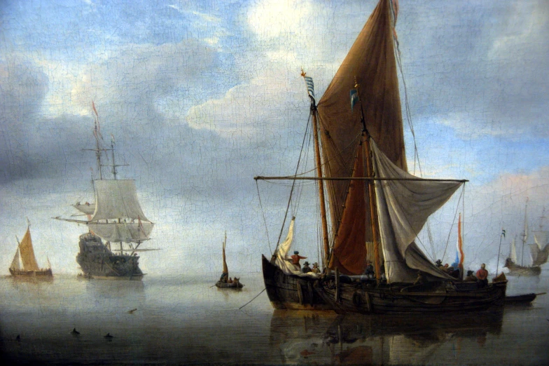 painting of boats on a sea surface in a calm, blue sky