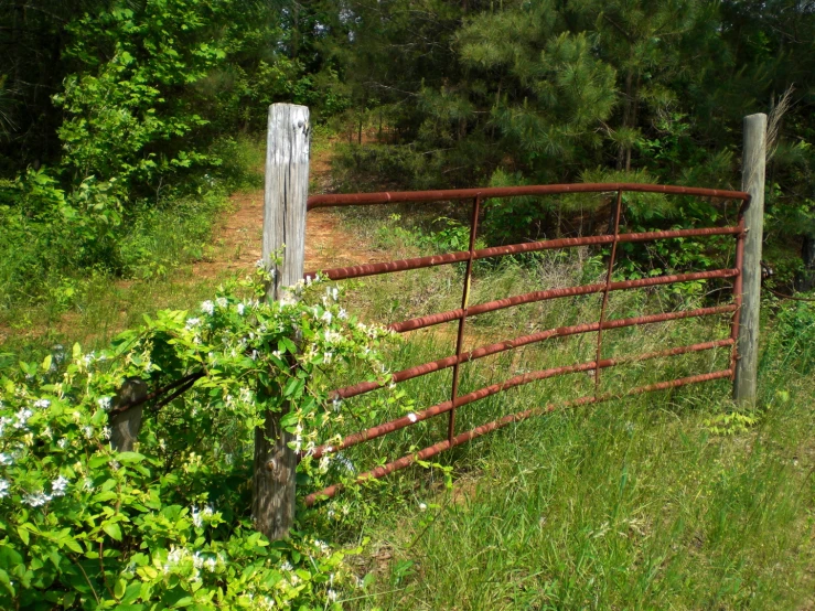 a wooden fence with a rusted metal barbwire