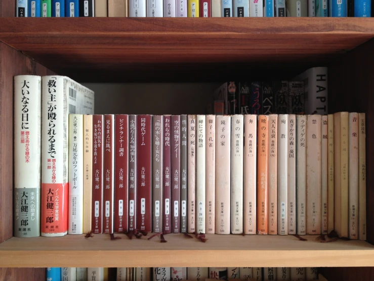 many different books on a shelf in a book case