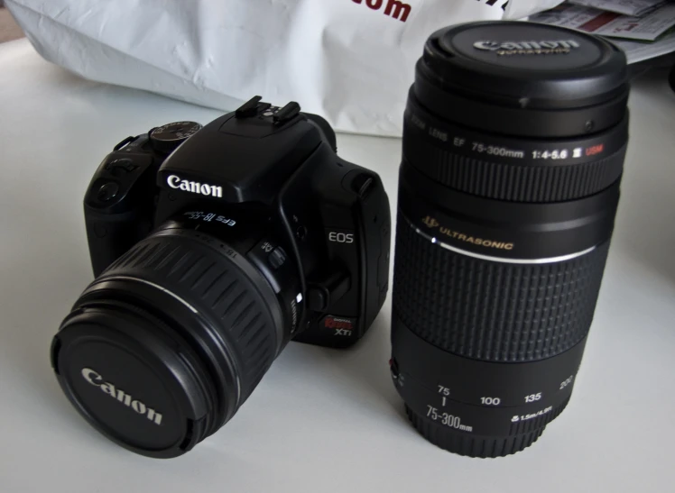 a camera and a cup of coffee sit on a table