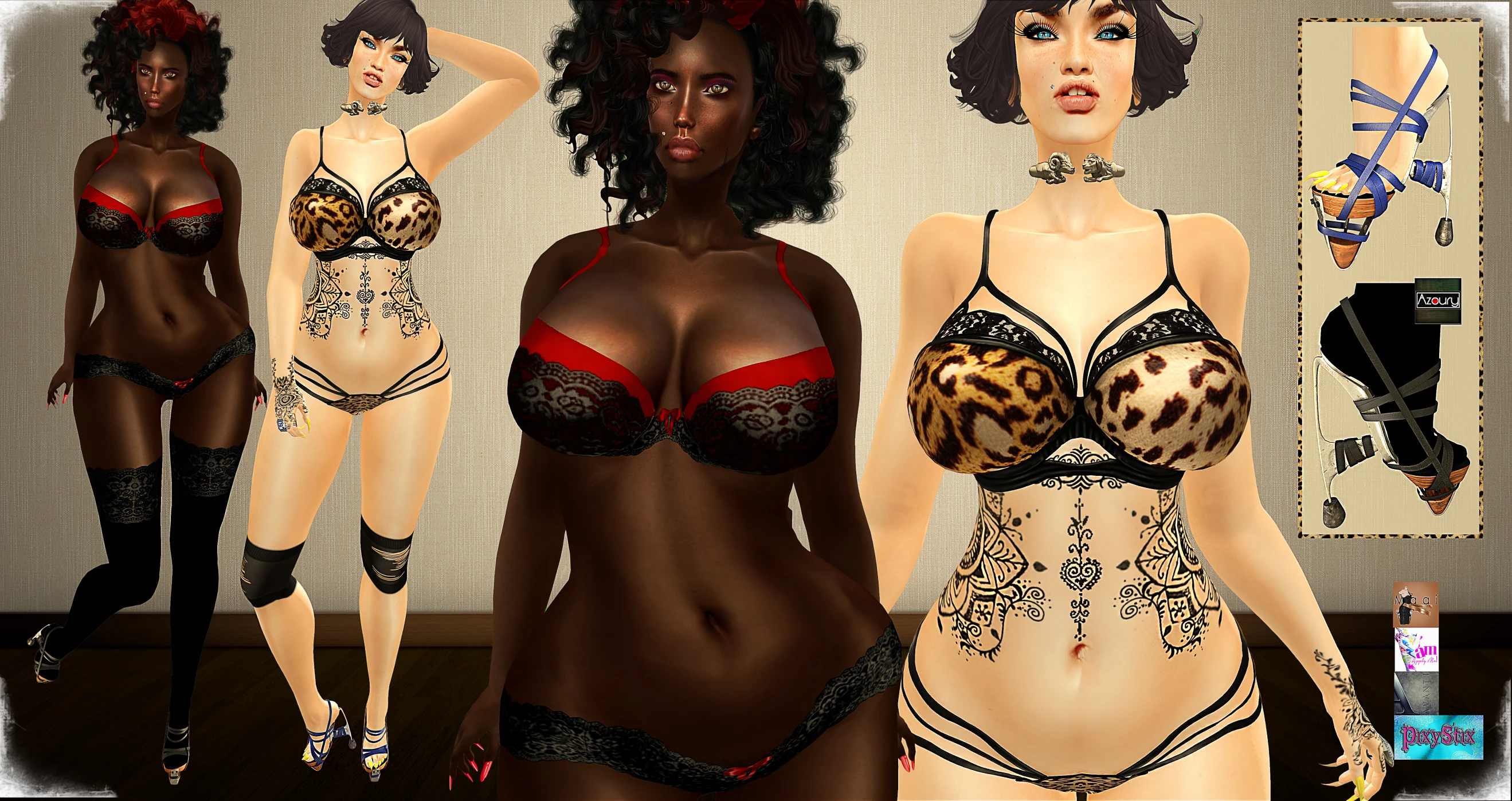 an animation of a group of four different women in lingerie clothes