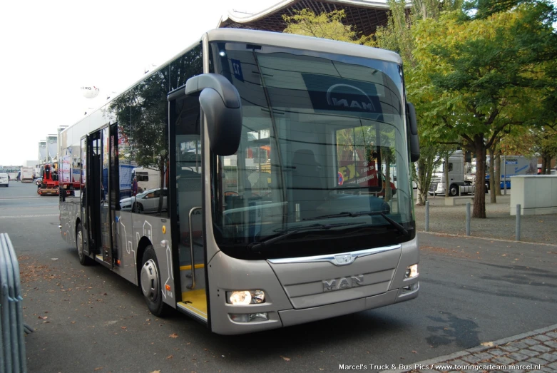 a public transit bus on street next to trees