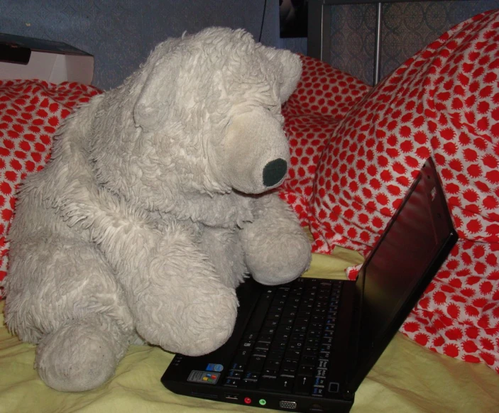 a teddy bear sitting in front of a laptop computer
