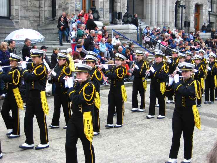 the colors on this marching band are bright yellow and blue