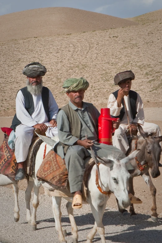 a couple of men on a donkey being lead by another man