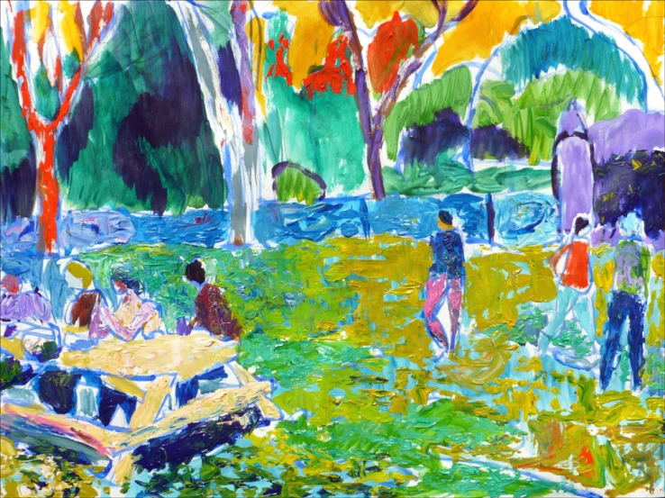 a painting of people sitting at a table under trees