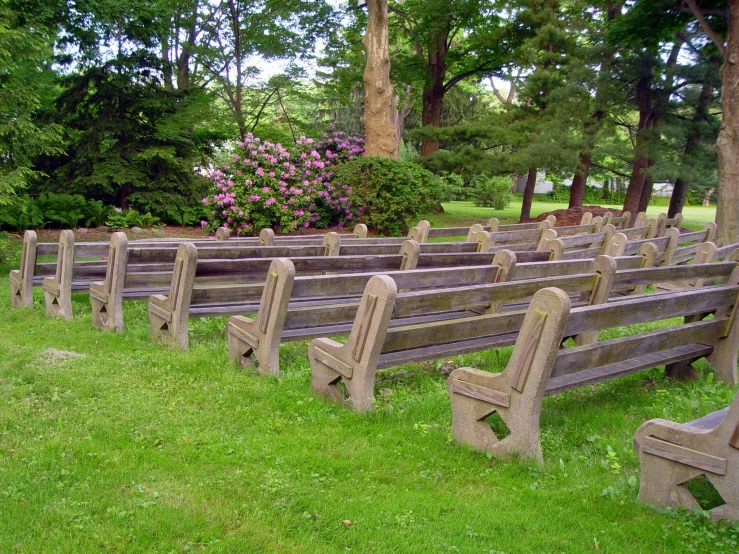 a long row of benches sitting in a park next to flowers