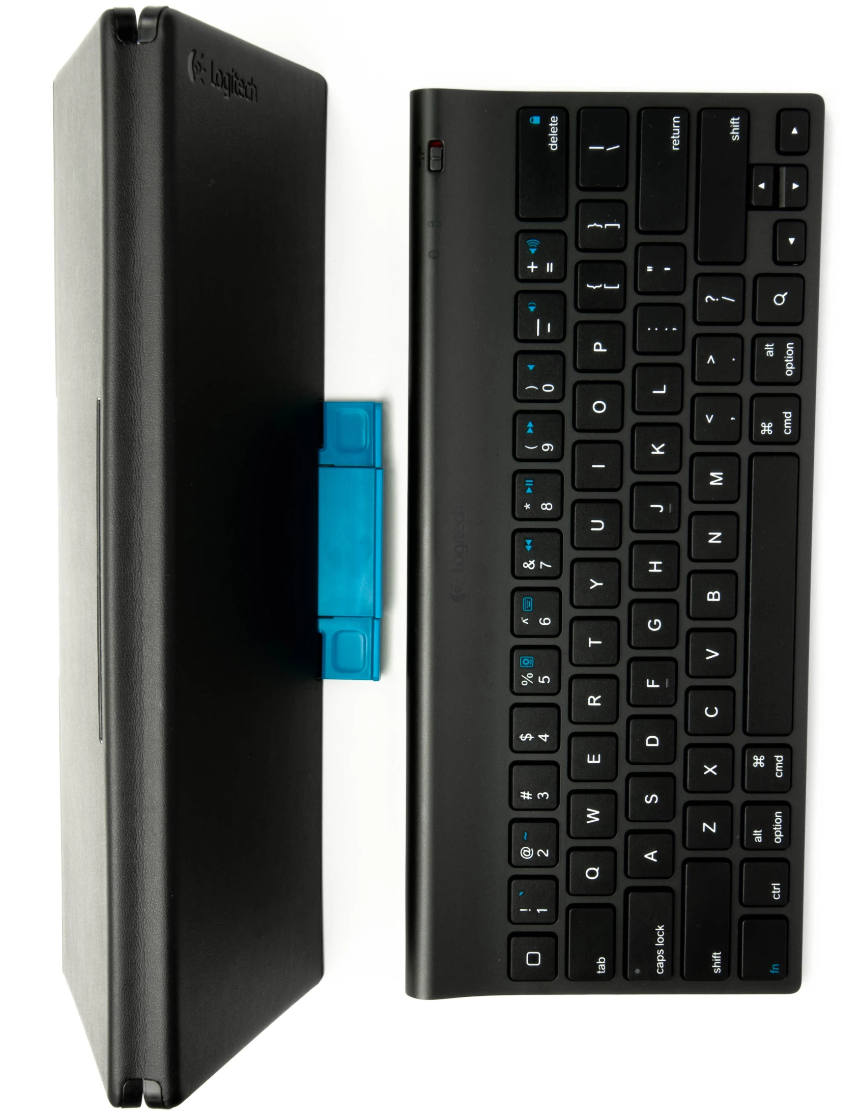 a device with a black keyboard and blue light underneath