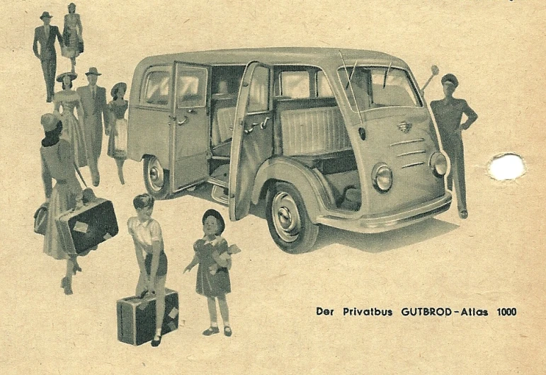a drawing of people standing around an old car