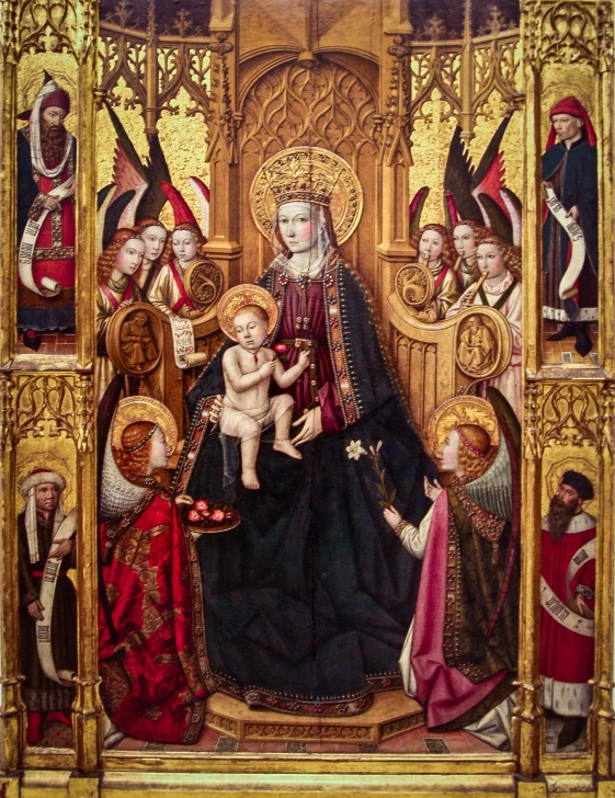 a painting of a baby surrounded by people