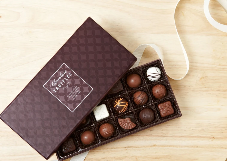 a chocolate box contains an assortment of truffles