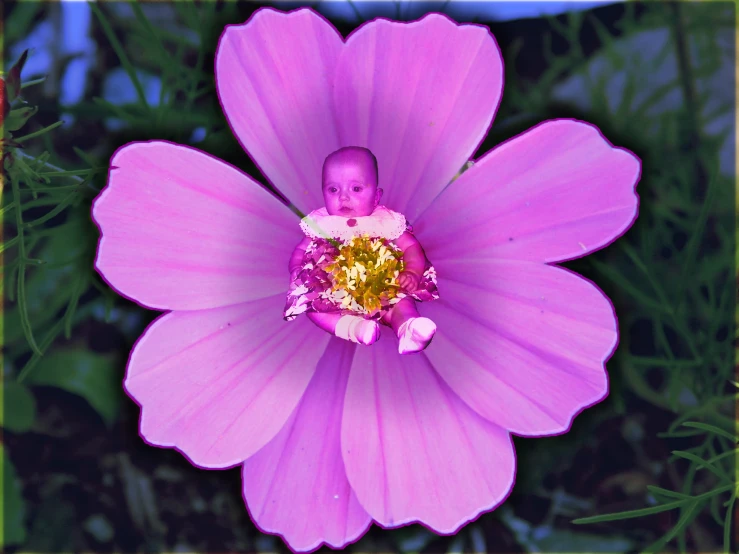 a baby is seen in the middle of a pink flower