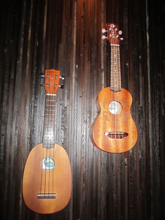 two small guitars are mounted on a wooden wall