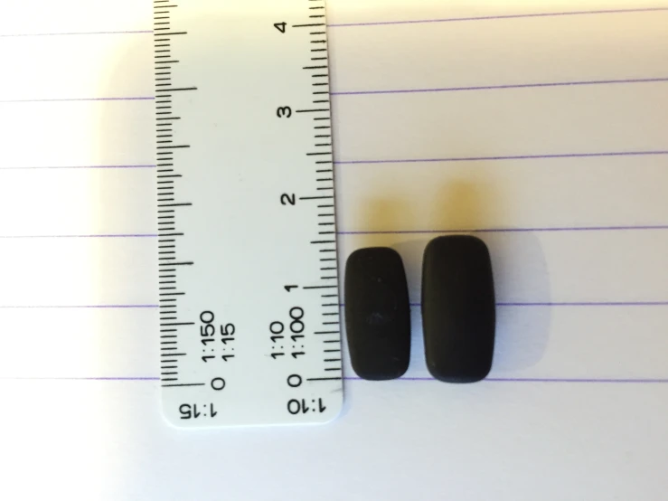 two black stones sitting next to a ruler