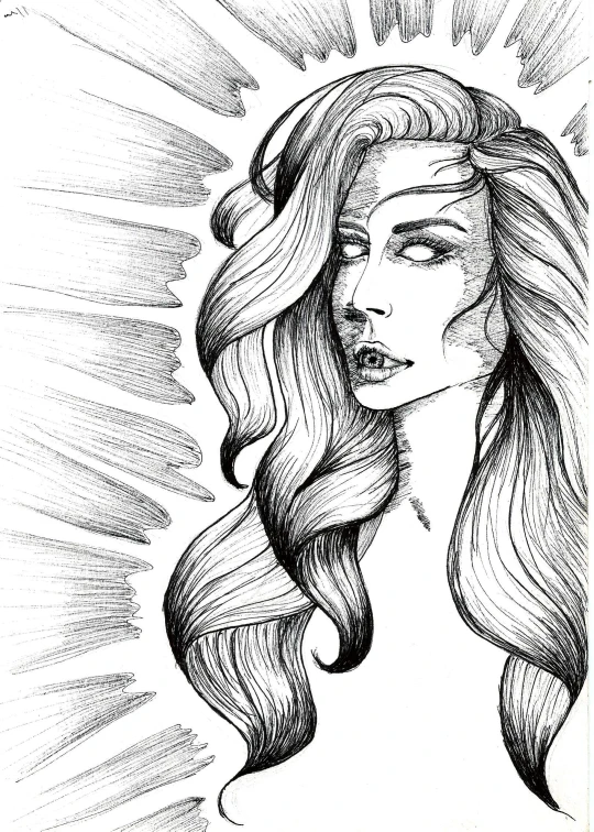 a drawing of a woman with long hair and stars above her head