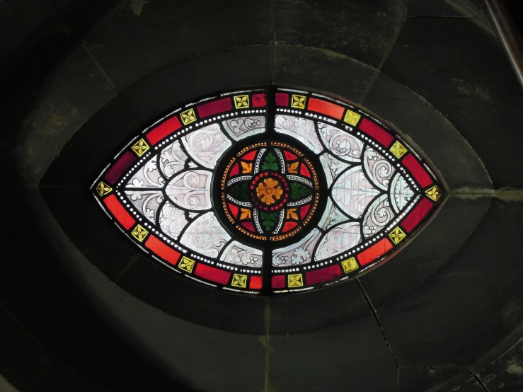 a close up view of a stained glass window