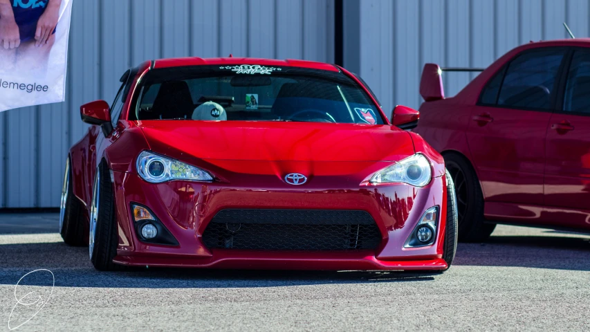 a red sports car with a big white dog on the front