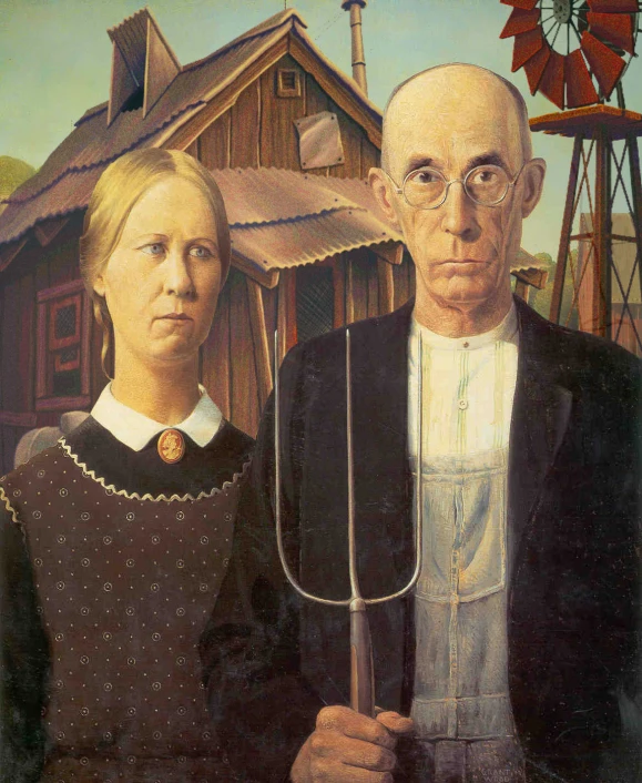 a painting with a couple holding a fork