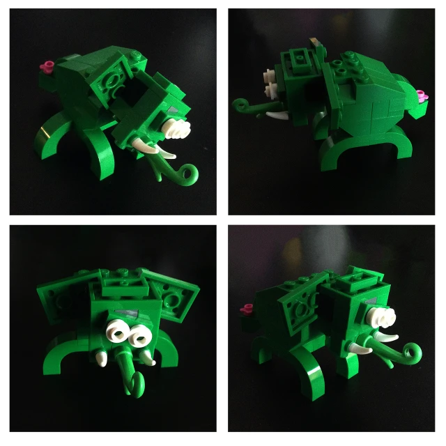 four pos of a lego elephant made with green legos