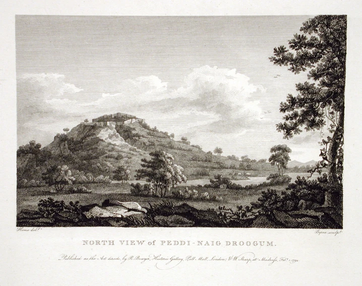 an old illustration of a rocky, tree - lined landscape