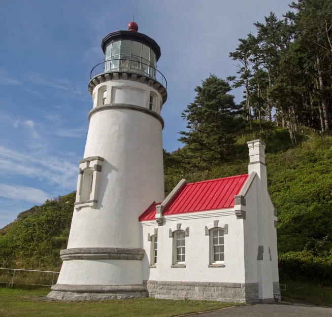 the large white building has a red roof