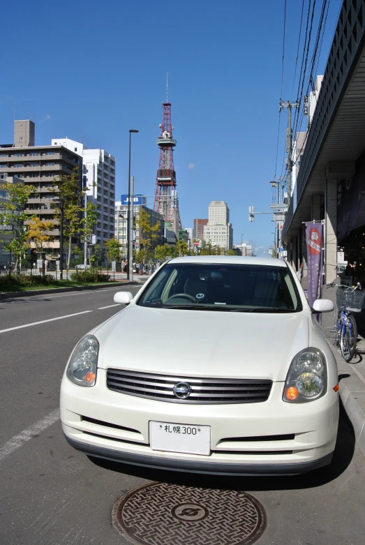 a white car parked on the side of the road