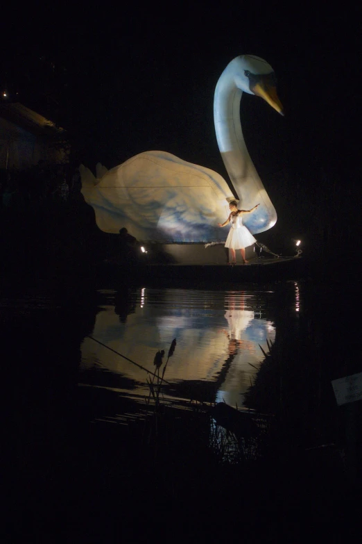 the swan is floating along with its wings spread out