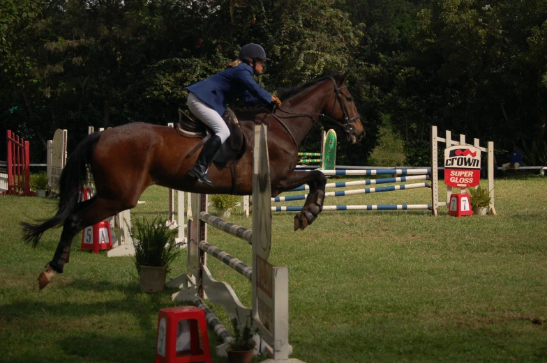 a young man riding a brown horse jumping over an obstacle