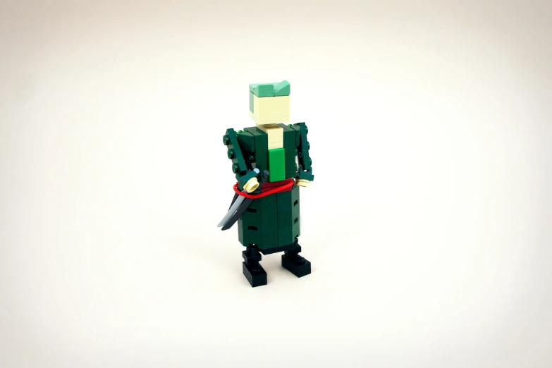 a lego figure wearing a green and red suit