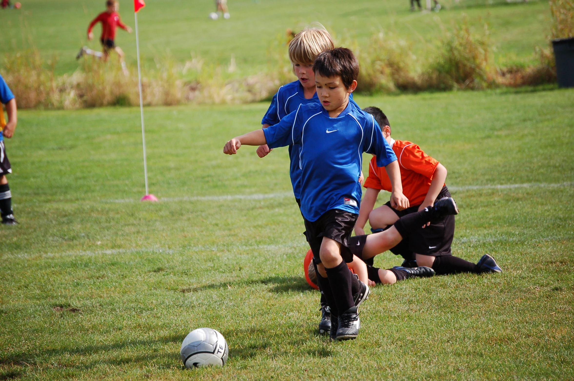 two boys play soccer in their blue uniforms