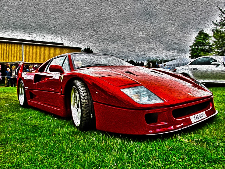 red car parked on grass next to people