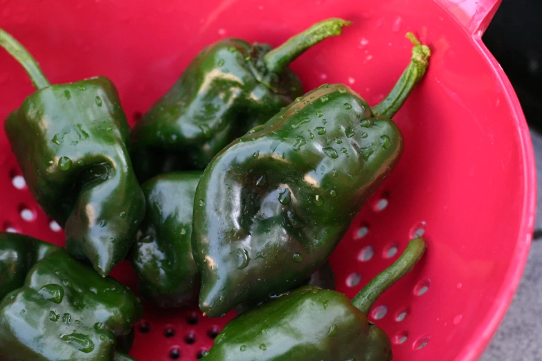some green peppers are in a red strainer