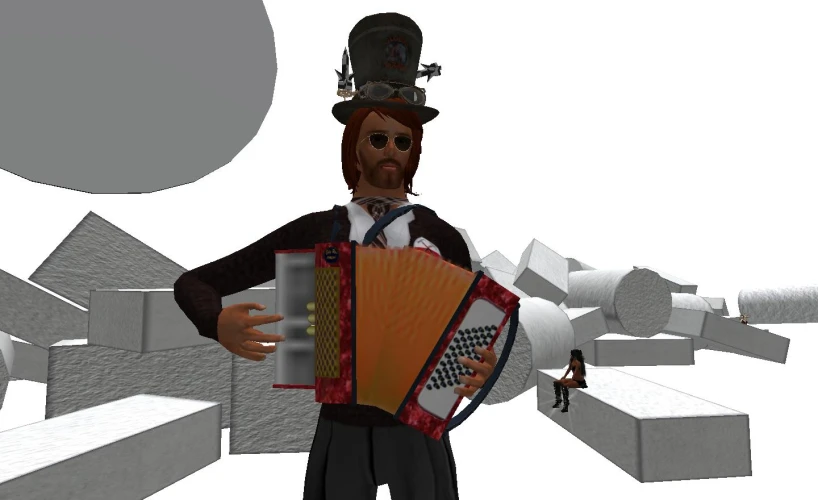 a stylized image of a man in a bowler holding a accordion