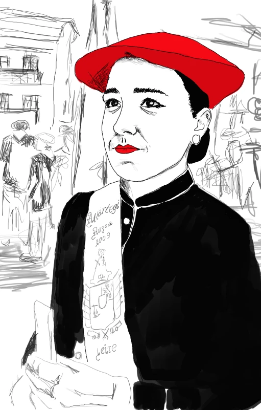 a drawing of an asian man wearing a red hat